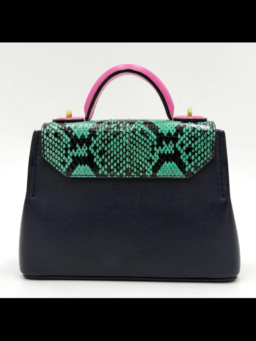 Mulberry Navy Leather Satchel with Green Snake-Print Flap & Raspberry Handle - Picture 3 of 16
